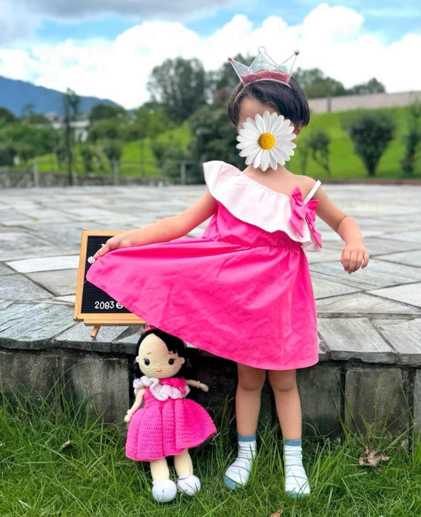 Handcrafted custom doll matching a child's pink dress by Maya Ko Doree