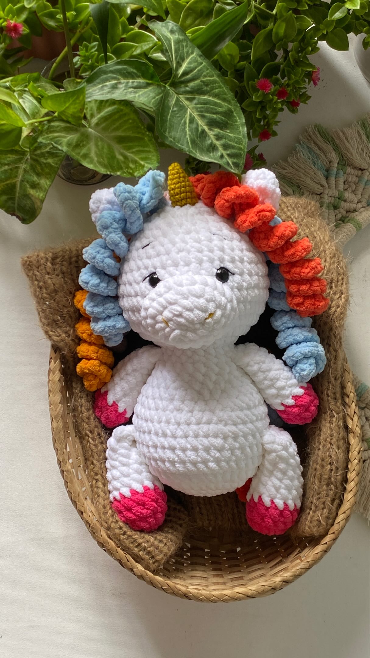 Handmade rainbow mane crochet unicorn